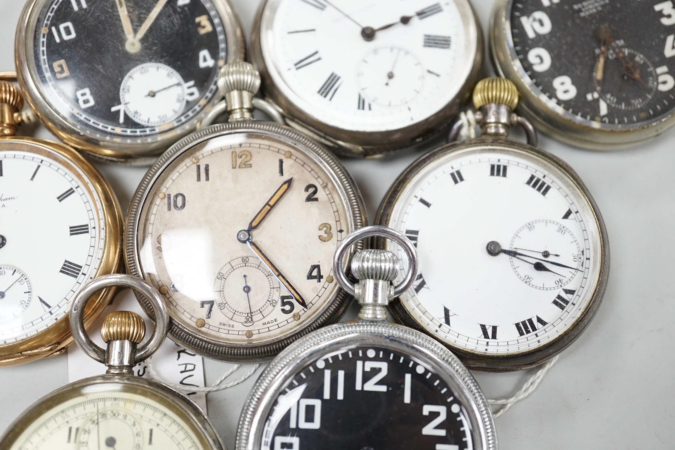 Eleven assorted gold plated or base metal pocket watches including three Waltham and Doxa military black dial.